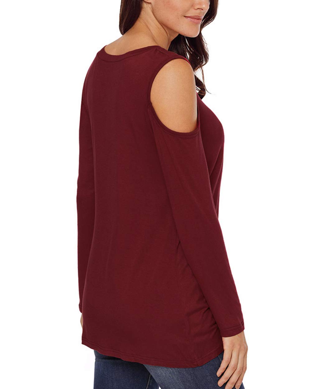 Eanklosco Women\'s Long Sleeve Cold Shoulder Cut Out T Shirts Casual Knot Tunic Tops (Wine Red, S)