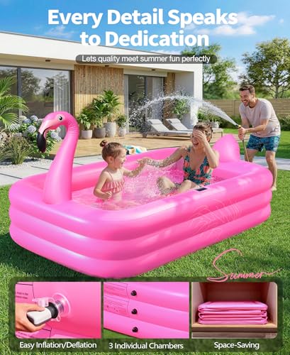 PoolLeader Piscina Hinchable Adultos, Flamenco Piscina Hinchable Rectangular con Luces Solar, Adopta un Material de PVC Grueso & Duradero, 254x160x50cm Piscinas Inflable Familiar Grande para Jardin