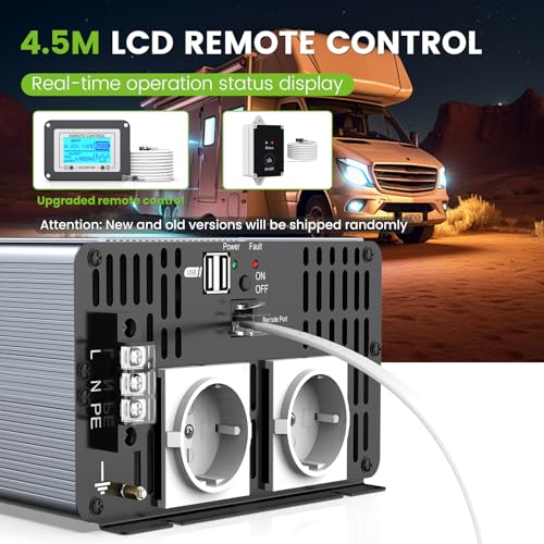 4000W/8000W Power Inverter 12 V 220 V Pure Wave Voltage Transformer Converter Voltage Inverter - 2 EU Socket with USB Output Remote Control Suitable for Refrigerators, Electric Saw