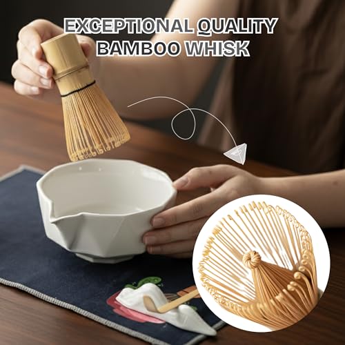 Matcha Whisk Set with Bowl – 8 Pcs Japanese Matcha Set, Ceramic Chawan with Spout, Bamboo Whisk (Chasen), Holder & Accessories | Matcha Making Kit for Tea Ceremony, Lattes & Gifts