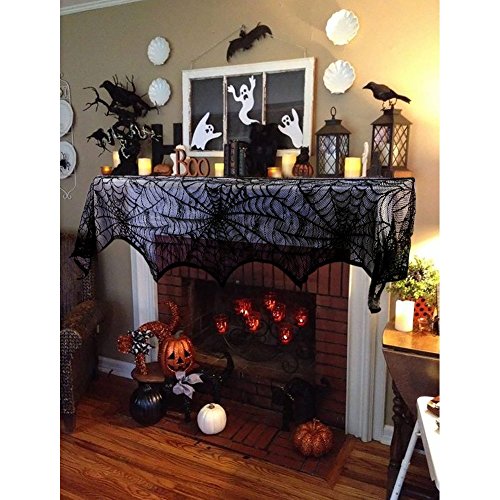DegGod Black Lace Spider Webs Halloween Decorations, 18 x 96 inches Fake Spiderweb Cobweb Fireplace Mantle Scarf Cover for Home Halloween Party Decoration Props