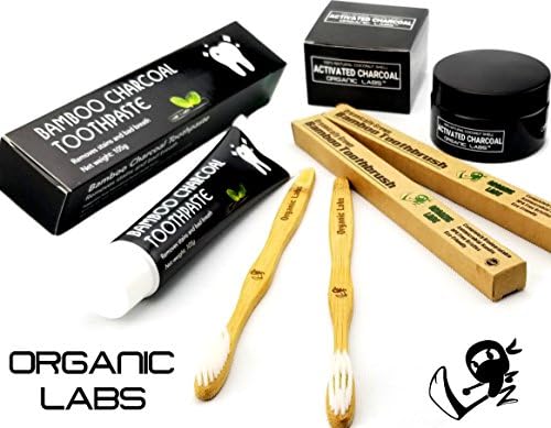 Organic Labs Activated Charcoal Teeth Whitener Toothpaste Toothbrushes Bundle