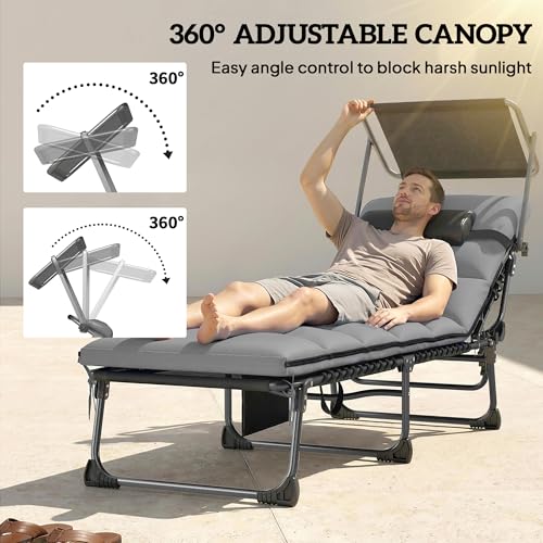 Outsunny Outdoor Chaise Lounge Chairs, 2 PCS Folding Lounge Chairs with Adjustable 5-Position, Cushion, Canopy, Side Pocket, Headrest, Sun Lounger for Patio, Beach, Light Grey