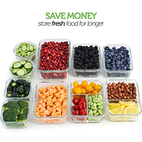 Glass Food Storage Containers with Lids - Glass Meal Prep Containers Glass Storage Containers with Lids 20 Pcs. Glass Containers for Food Storage with Lids Glass Food Containers Glass Lunch Containers