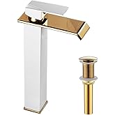 White Gold Faucet Bathroom Vessel Sink Golden Waterfall Spout Faucet Single Handle Bowl Sink Faucet Modern Single Hole Basin Vanity Tall Bathroom Sink Faucet with Pop Up Drain Stopper Supply Hose