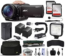 Sony FDR-AX100 4K Ultra HD Camcorder Video Camera + 128GB Memory + Charger with Car/Euro Adapter + Action Stabilizer + LED Night Light + Cap Keeper + Large Case + Monopod + Dust Cleaning Kit + More
