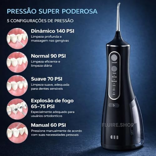 Irrigador Oral & Bucal Portátil Recarregável -Tanque 300ml - Limpeza Profunda com 4 Níveis de Pressão, 4 Ponteiras, À Prova d’Água - Jato Dental Ideal para Aparelhos Ortodônticos, Implantes e Gengivas (Preto)