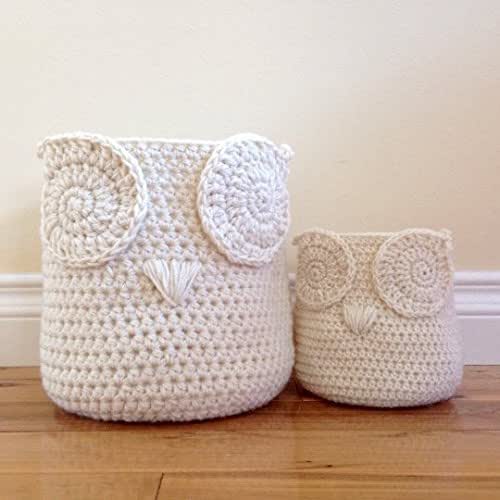 Owl Storage Baskets Set of 2 Cream/Ivory Handmade