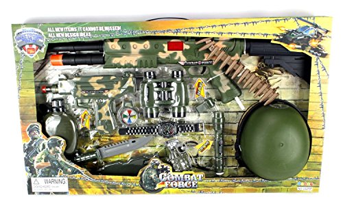 Combat Force Army Machine Gun & SMG Toy Gun Set W/ Battery Operated Machine Gun & SMG, Helmet, Working Flashlight, Canteen, Dummy Knife, Mock Compass, Watch, Grenade, Whistle, Binocular