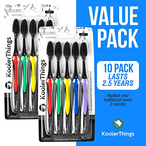10 Pack- Charcoal Toothbrushes Extra Soft, Slim Brush Head, Cleans Plaque, Bacteria & Teeth Whitener,