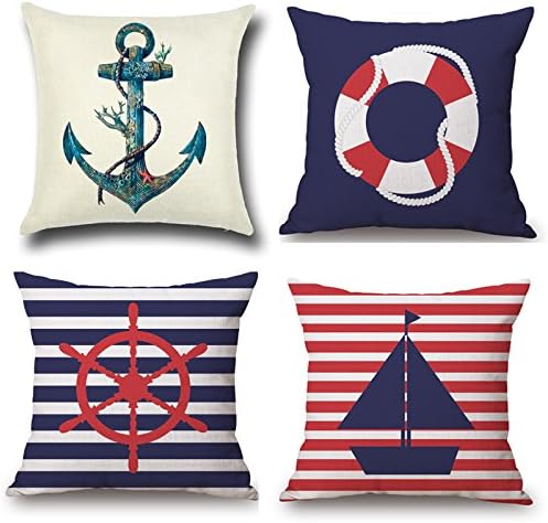 Creatife Cotton Linen Pillow Cover Nautical Anchor Sailing Map Cushion Cover throw Pillow Covers nautical decorative couch pillows 18 x 18 set of 4