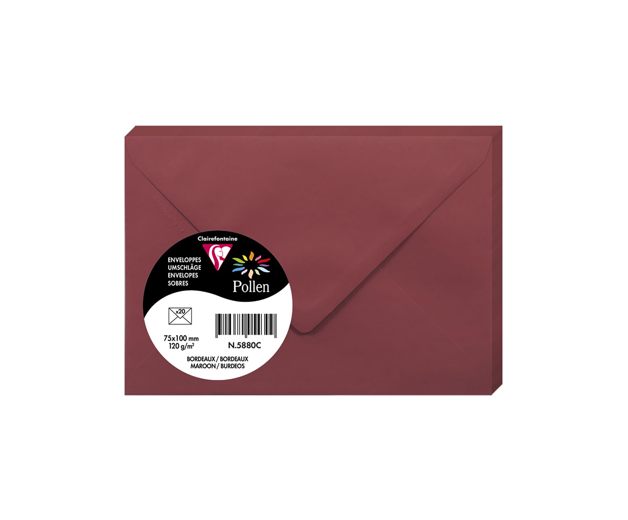 Clairefontaine 5880C Pack of 20 Gummed Envelopes Format 7,5x10cm 120g/m² Colour Burgundy Invitation Events Correspondence Range Pollen Premium Smooth Paper — image 1