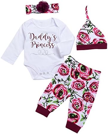 CPEI 4Pcs Baby Girls Clothes Set, Daddy's Princess Printed Romper Tops+Floral Pants+Hat+ Flower Headband (Rose, 6-12 Months)