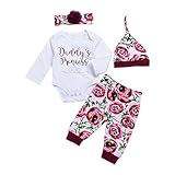 CPEI 4Pcs Baby Girls Clothes Set, Daddy's Princess Printed Romper Tops+Floral Pants+Hat+ Flower Headband (Rose, 0-3 Months)