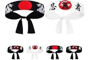 GANAZONO 6pcs Japanese Ninja Headband Set for Men Karate Hachimaki Design, Black White Samurai Bandanas