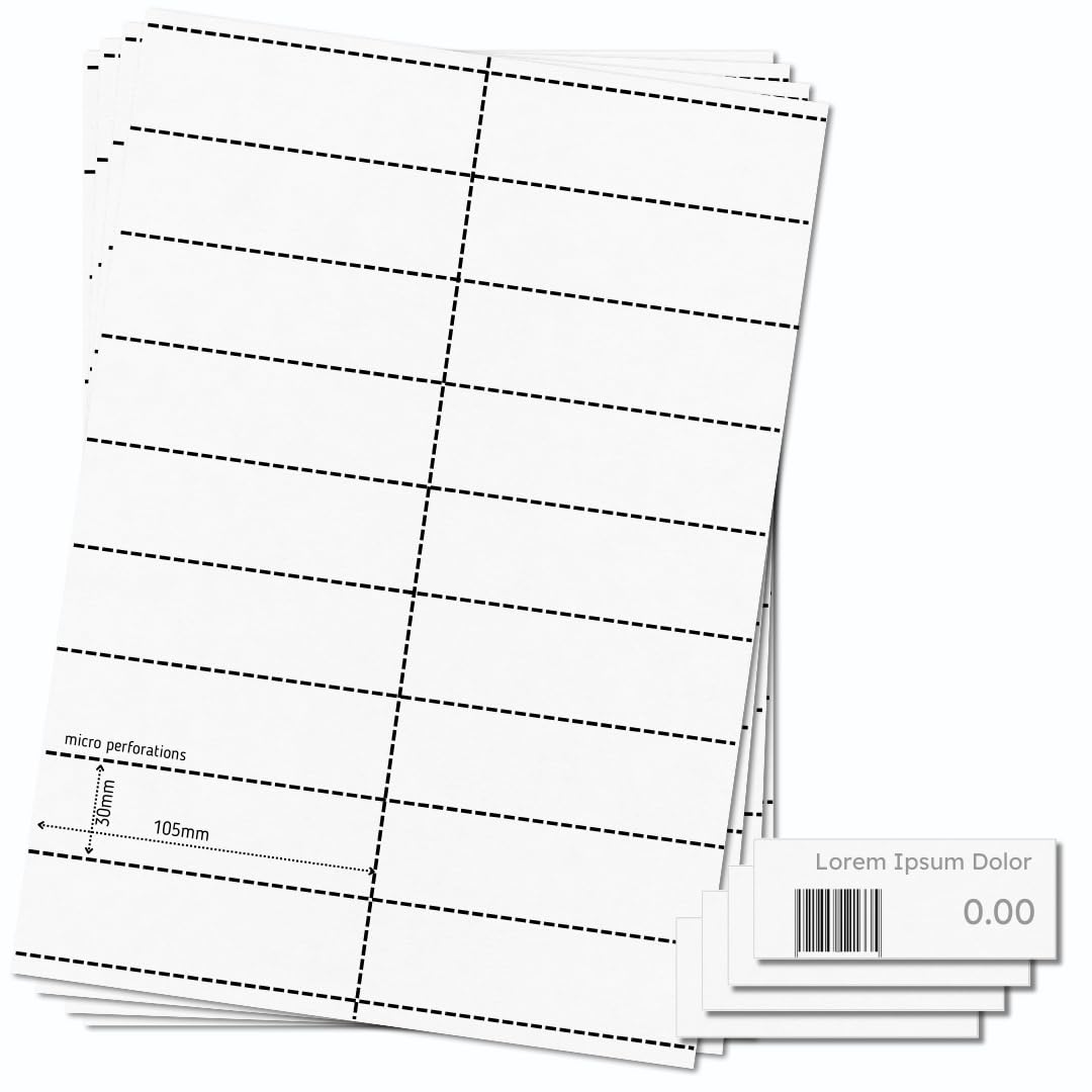 OfficeGear Shelf Edge Barcode Price Ticket Labels 18-up [25 Sheets - 450 Pack] 30x105mm Custom Printable A4 120gsm Card Micro-Perforated Non-Adhesive Merchandise Tag Includes Design Template