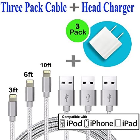 iPhone Charger 3Pack 3FT/6FT/10FT Nylon Braided 8 pin Charging Cables USB Charger Cord, Compatible with iPhone 7/7 Plus/6s/6s Plus/6/6 Plus/5/5S/iPad and iPod (Silver,Gold) + HEAD CHARGER (SILVER)