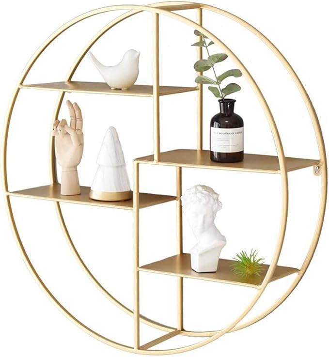 JCNFA Shelves Round Wall Shelf Unit Wrought Iron Gold Wall Mount Metal