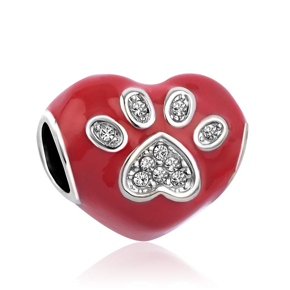 Paw Print Heartbeat Ekg Red Heart Charm fits Pandora Charms Moments Bracelet Dog Cat Lover Animal Bead Birthday Jewellery Gift for Women Daughter Sister