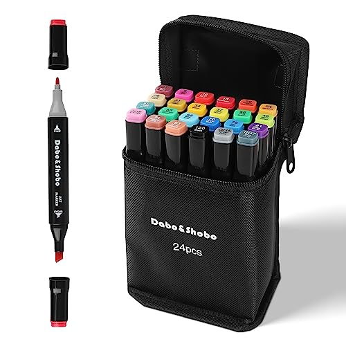 Dabo&Shobo 24 Farben Alkoholmarker, Zeichenmarker, Doppelspitze, Kunstmarker, Malmarker für Kinder, Skizzieren, Erwachsenenmalen, MKB-HEI-24