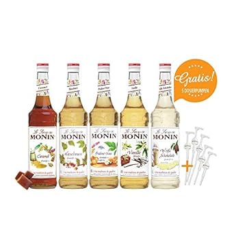 MONIN-SET Café 5+5 - 5x Kaffee Sirup + 5x Pumpen - Karamell, Vanille, Praline-Nuss, Haselnuss, Weisse Schokolade (5x 0,7l)