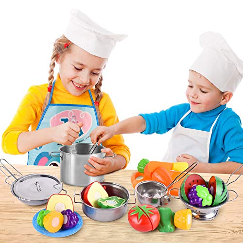 BGdoyz Kitchen Pretend Play Toys with Stainless Steel Cookware Pots and Pans Set, Cooking Utensils, Apron & Sleeve, Cutting Vegetables for Kids, Boys, Girls and Toddler Gifts Educational Learning Tool