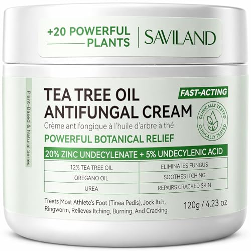 SAVILAND Antifungal Cream FSA-HSA Max Strength: 25% Undecylenic Acid Anti Fungal Cream for Skin Athletes Foot Jock Itch Ringworm Foot Fungus Treatment Comfort with Tea Tree & Oregano Oil 4.23 oz