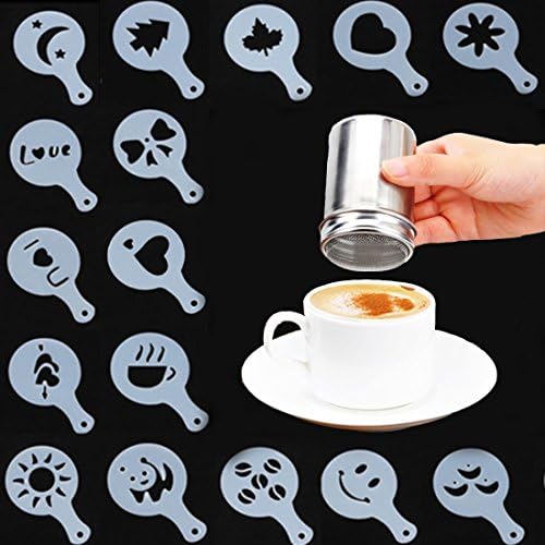 EzDeal 16pcs Design Cappuccino Coffee Cake Stencils Latte Art Template + Mesh Shaker Set