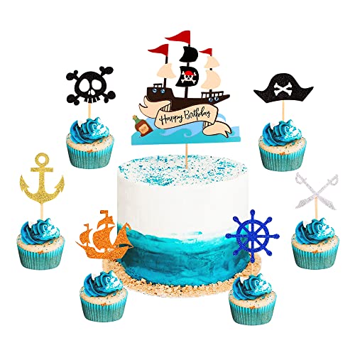 Blumomon 13Pcs Pirate Cake Toppers Set Pirate Theme Happy Birthday Cake Topper Decorations Skull Ship Pirate Hat Nautical Sailing Cupcake Topper for Pirate Theme Birthday Party Baby Shower Supplies