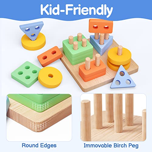 Montessori Toys for 1 2 Year Old, 7" Large Wooden Sorting and Stacking
