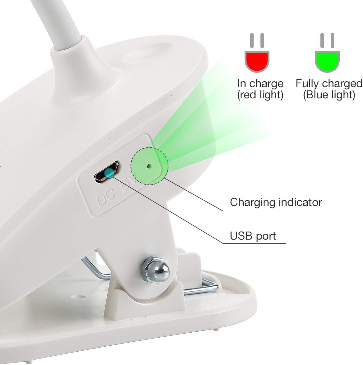 Miday Clip on Lamp, Battery Powered Reading Lamp, Clip on Light for Bed Clip on Battery Light with 3 Brightness Level, USB Rechargeable, Reading Lamp - - 
