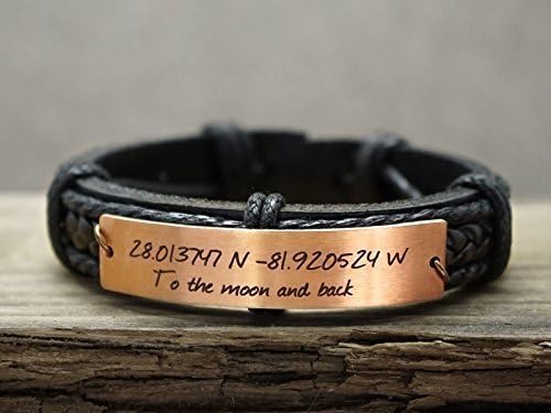 I Love You To the Moon and Back Bracelet, GPS Coordinate, Latitude Longitude, Black Men Leather Braided Cuff Copper