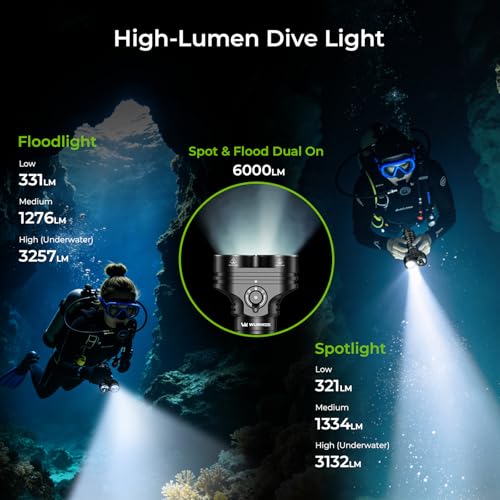 Wurkkos DL05 Diving Flashlight 6000 Lumens Underwater LED Flashlight IPX8 Waterproof 100 m Battery 14h Rechargeable USB-C for Snorkeling Spearfishing and Camping