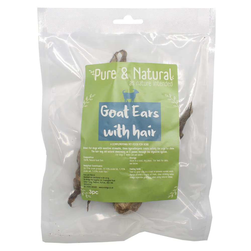 Pure & Natural Goat Ears for Dogs with Hair - 100% Natural, Low Fat, High Protein, Hypoallergenic Dog Chews, Gluten Free Dog Treats for Dogs of All Ages - Pack of 3