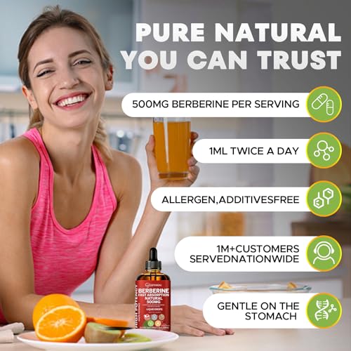 JUYIHEAL Berberine Supplements, 500mg Berberine HCL for Healthy Lipid (Fat) & Glucose Metabolism, Pure, Vegan, Alcohol & Sugar Free Berberine Drops - 120ML Liquid