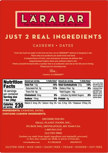 LARABAR CASHEW COOKIE, GLUTEN FREE VEGAN FRUIT & NUT BAR, 1.7 OZ BARS 16 CT