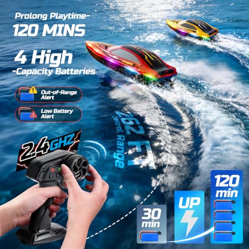 DEERC 2-Pack Fast RC Boats for Kids, Dual-Style Racing Set with LED Lights, 20 KPH High-Speed Remote Control Boats, 4×1200mAh Batteries, Waterproof Toy for Lakes & Pools