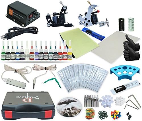 Complete Tattoo Kit 2 Machine Set Equipment Power Supply 15 Color Inks