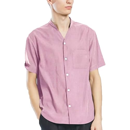 Mens 3/4 Sleeve Henley Shirt Casual Linen Cotton Summer Pink in
