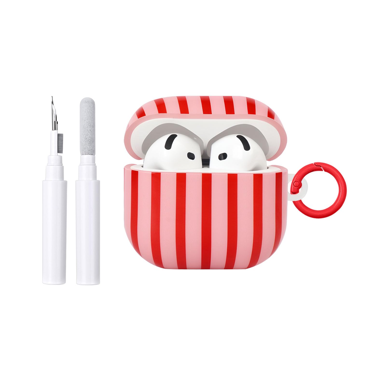 Fycyko Compatible for AirPods 4 Case Soft TPU with Cleaner Kit Cute Striped Aesthetic Design Shockproof Keychain Cover for Girls Woman-Red