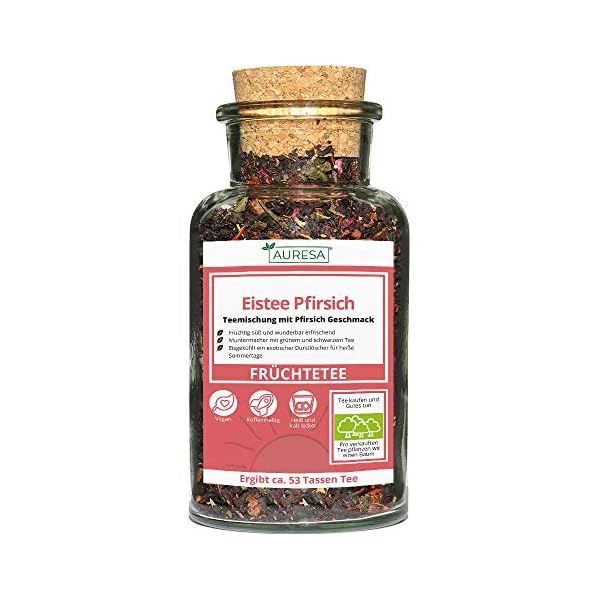 AURESA Eistee Pfirsich im Glas | Teemischung - 90g | Wiederverwendbare Glasflasche mit Korkverschluss