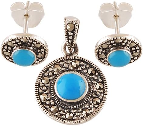 Silver Prince 5 Grm genuine Turquoise, Marcasite 925 Sterling silver Jewellery Set