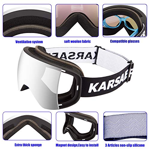 Karsaer Ski Goggles Snowboard Snow Goggles OTG Magnet Dual Layers Lens UV Protection Anti-Fog UV Protection Scratch Resistant Anti-Slip Strap for Men Women - Thumbnail 2