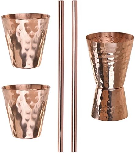 Moscow Mule Copper Accessories - 2 Copper Straws, 2 Copper Shot Glasses and 1 Copper Jigger – Complement Your Bar with This Pure Handmade Copper Set