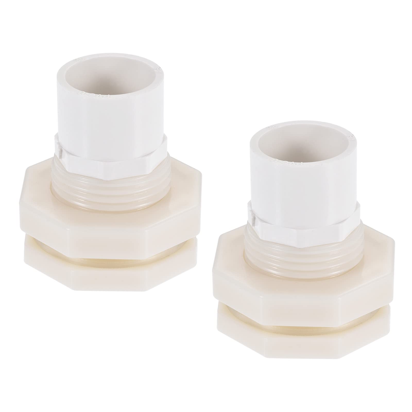 M METERXITY 2 Pack PVC Bulkhead Fitting - Double Threaded Bulkhead Water Tank Connector, W Silicone Gasket, Apply to Aquariums, (G3/4 Female 1.38" Male, White)
