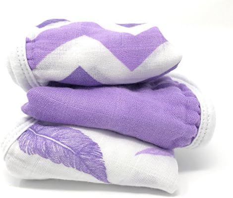 Bamboo Muslin Washcloths - 3 Pack - Purple Feather Chevron - Softest Muslin Washcloths by Cozy Babe