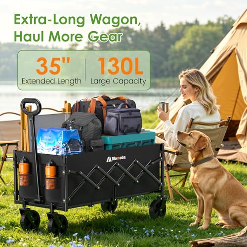 Blomoba 35'' Extra Long Collapsible Wagon with Adjustable Handle, Lightweight Folding Wagon with 360° Swivel Wheels, 220 LBS Portable Utility Cart for Garden, Sports, Grocery, Shopping, Camping, Black