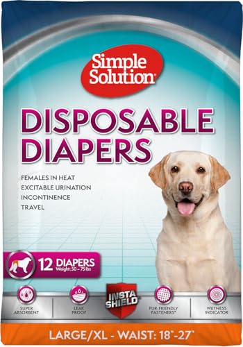 Photo 1 of Simple Solution Disposable Dog Diapers for Female Dogs, True Fit, Absorbent, Leak Proof with Wetness Indicator, XL Puppy & Doggie Period Pad and Pee Diaper, for Large Pets, 18-27 Inch Waist, 12 Count