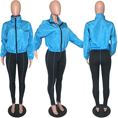 Women's Clubwear Two Piece Outfits Zipper Jacket Top and Jogger Pants Set Tracksuit Activewear Suits Blue L - Thumbnail 3