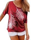 Lovaru Women's O Neck Feather Print Shirt Casual Cutout Sleeve Top Blouse